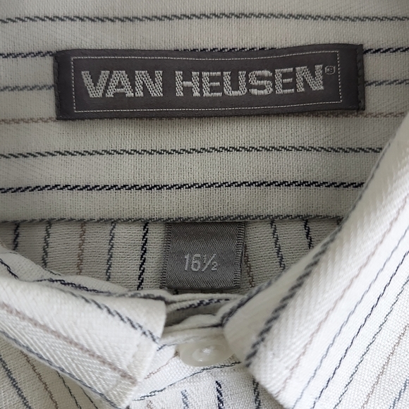 Van Heusen, Men's 16 1/2 Short Sleeve Shirt,Stripe Gray, Navy Green & Tan - Picture 5 of 6